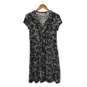 Vintage Black & White Animal Print Ruffle Accent Button Front Dress Sz Medium